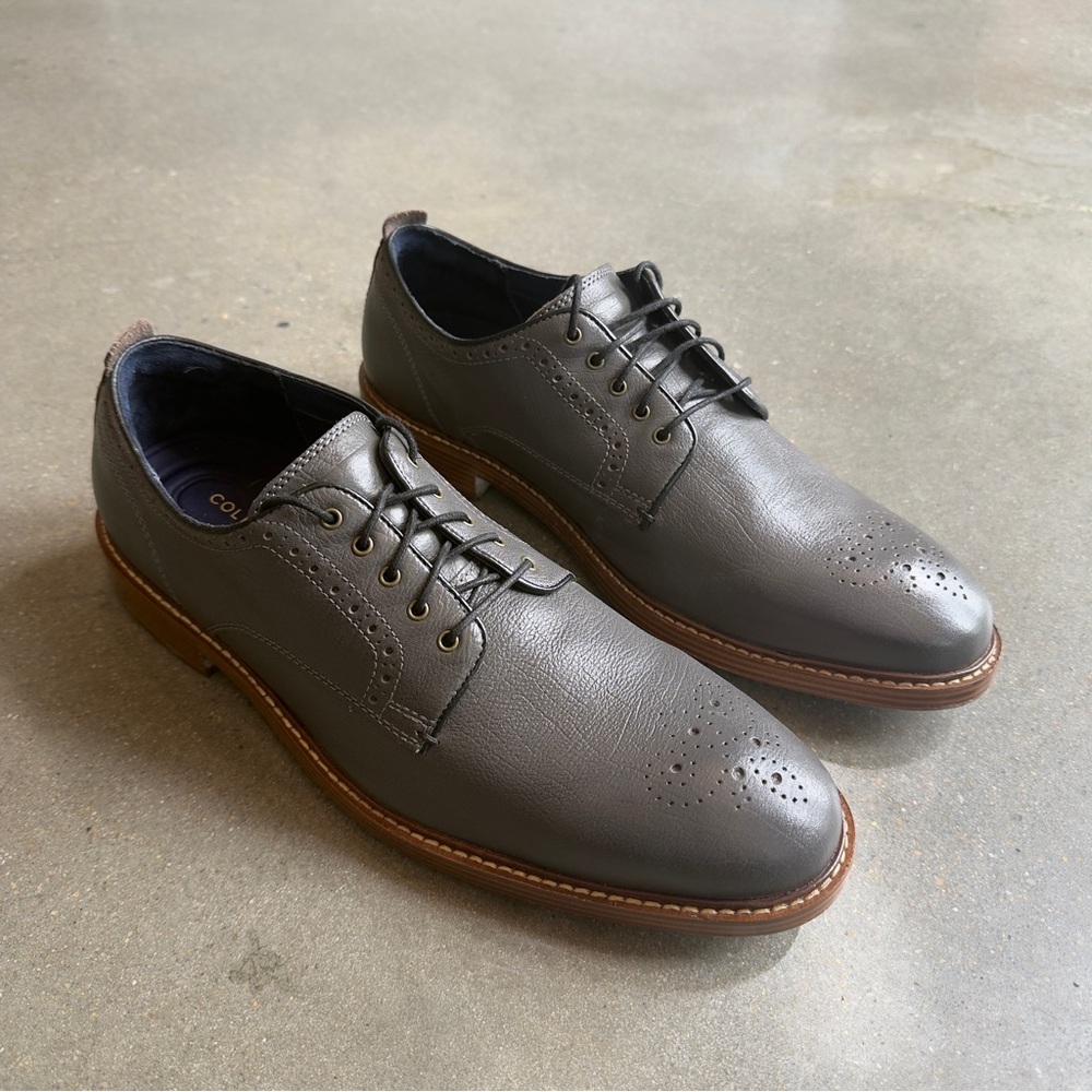 Cole Haan Gray Leather Oxford Shoes with Brogue Design
